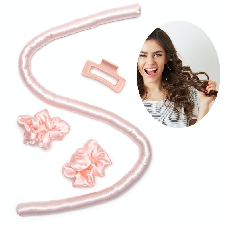 Photo 1 of Heatless hair curler made from Authentic Grade 6A Mulberry Silk - 100% pure Silk Heatless Curling Rod Headband with 2 Silk Scrunchies and 1 Hair Clip - Heat damage free Pink curlers set
