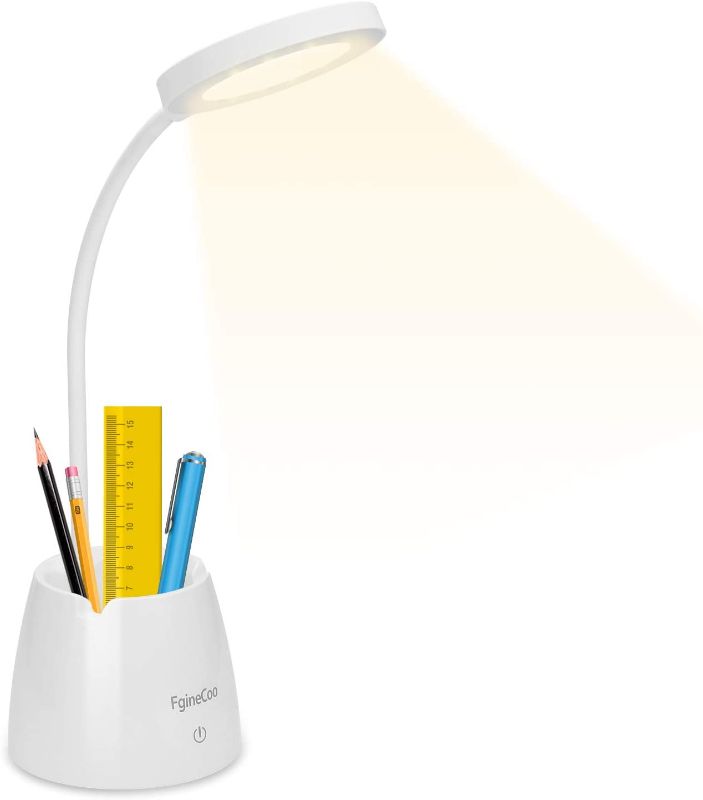 Photo 1 of Desk Lamp for Home Office, Small Desk Lamp, LED Desk Light with Pen Holder Phone Stand for Dorm, Eye-Caring Study Lamp with 3 Light Mode, Stepless Dimming, Gooseneck, Table Lamp for Kid, College
