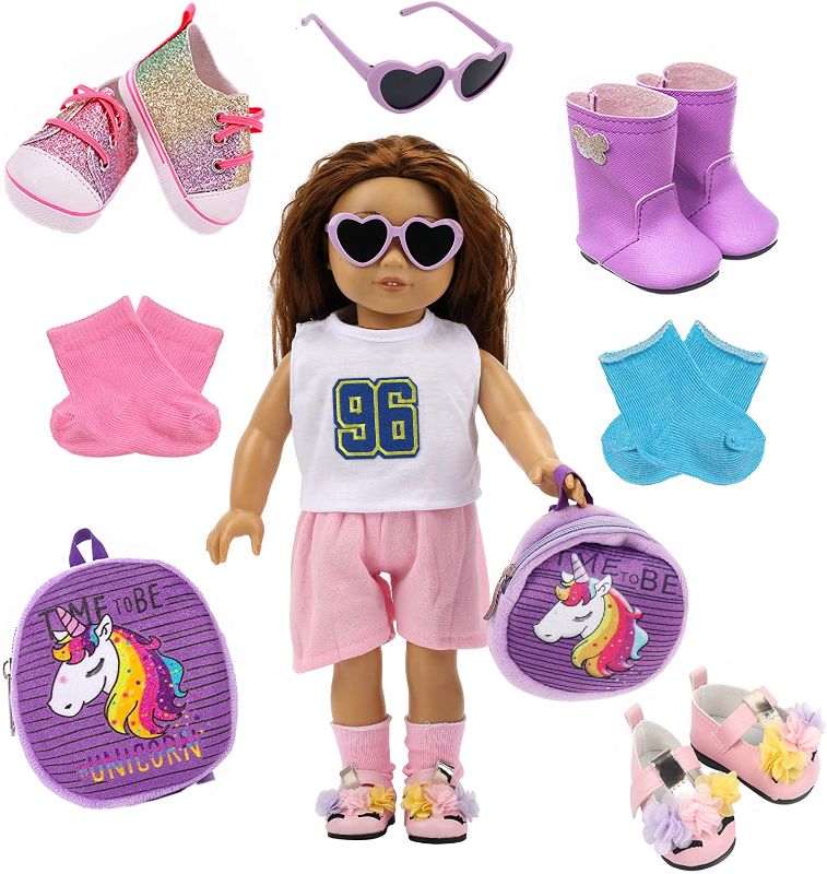 Photo 1 of Girl Doll Accessories,3 Pair Doll Shoes Set and 2 Pairs Socks, American 18 inch Girl Doll Clothes Accessories, Sunglasses and Backpack for 18 Inch Girl Doll
