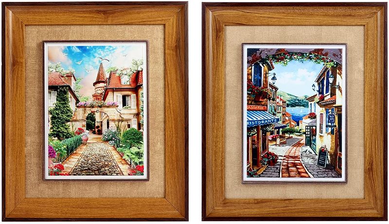 Photo 1 of 2pcs Houses Along a Road Framed Art,Surface Ceramic fired Italy Towns Paintings Wall Art, City Street Scenery Canvas Retro Style Decor, Dining Room Hallway Contemporary art pictures
