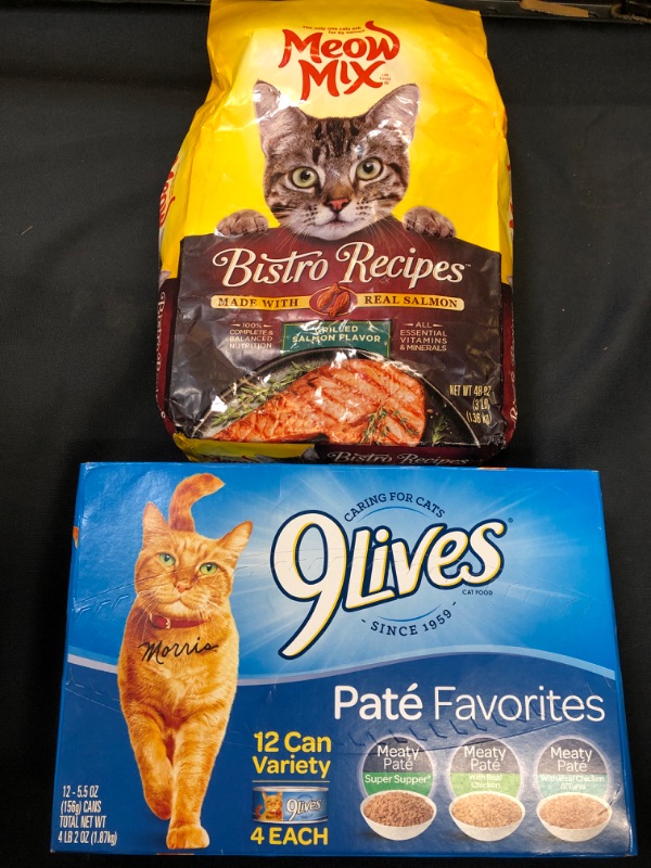 Photo 2 of (BUNDLE)9Lives Paté Favorites Wet Cat Food Variety Pack, 5.5 Oz Cans, 12 Count &Meow Mix Bistro Recipes Grilled Salmon Flavor Dry Cat Food, 3 Lb 
