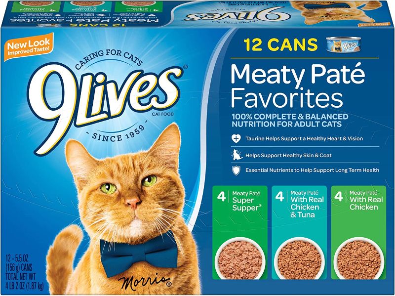 Photo 1 of (BUNDLE)9Lives Paté Favorites Wet Cat Food Variety Pack, 5.5 Oz Cans, 12 Count &Meow Mix Bistro Recipes Grilled Salmon Flavor Dry Cat Food, 3 Lb 
