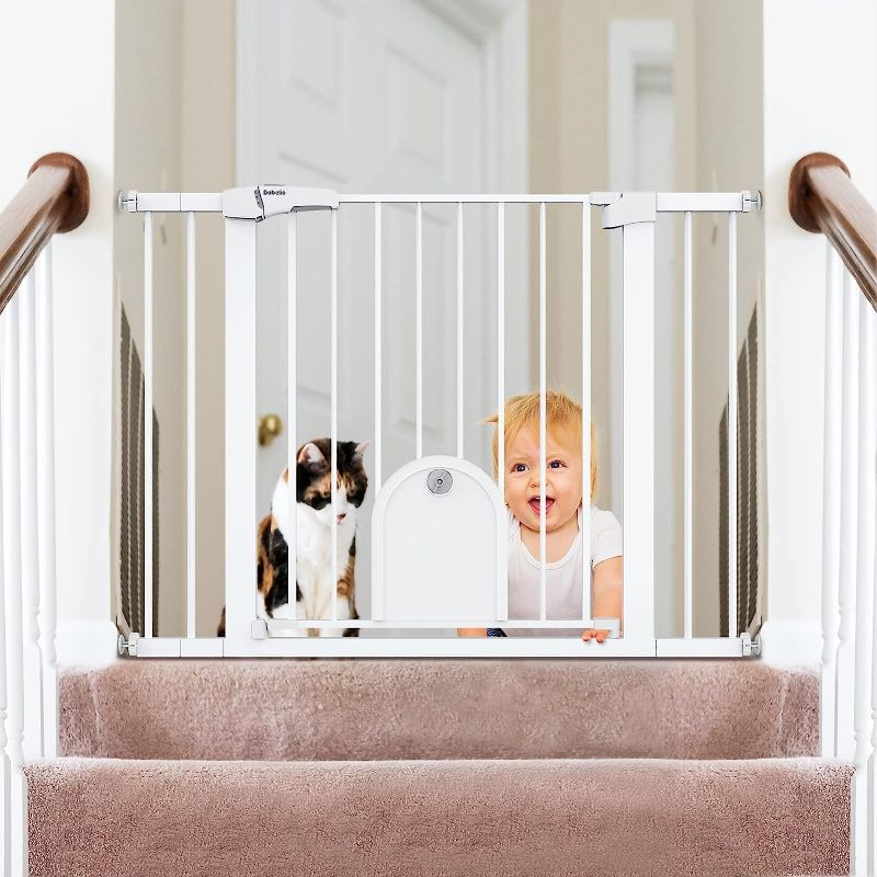 Photo 3 of Babelio Auto Close Baby Gate with Small Cat Door, 29-43" Metal Cat Gate for Doorway, Stairs, House, Easy Walk Thru Dog Gate with pet Door, Includes 4 Wall Cups and 3 Extension Pieces, White
