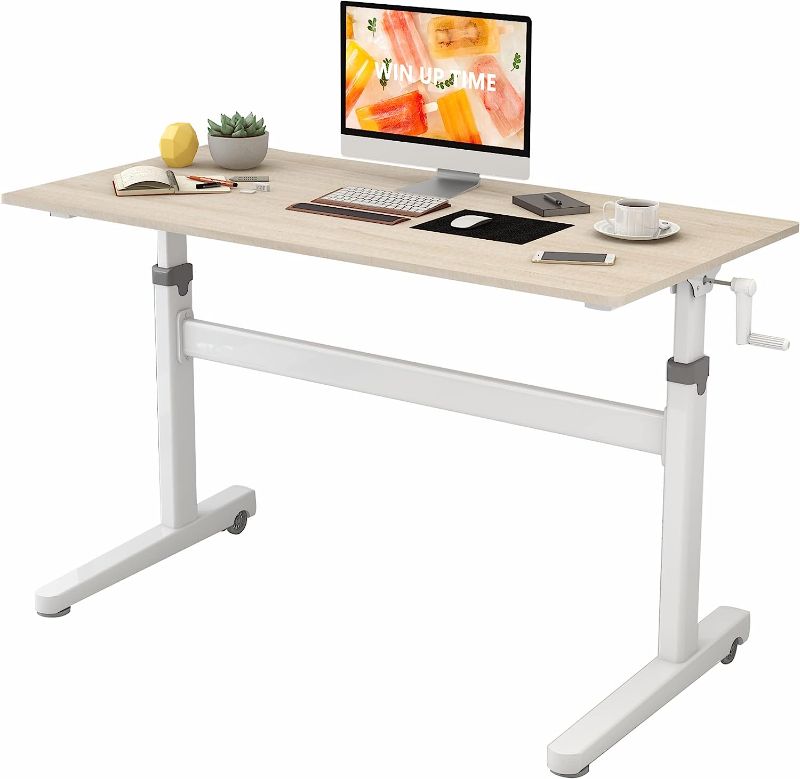 Photo 1 of Win Up Time Manual Standing Desk Adjustable Height- Crank Standing Desk 48 x 24 Inches Sit Stand Desk Frame & Top, Stand Up Desk on Wheels, Computer Desk White Frame & Maple
