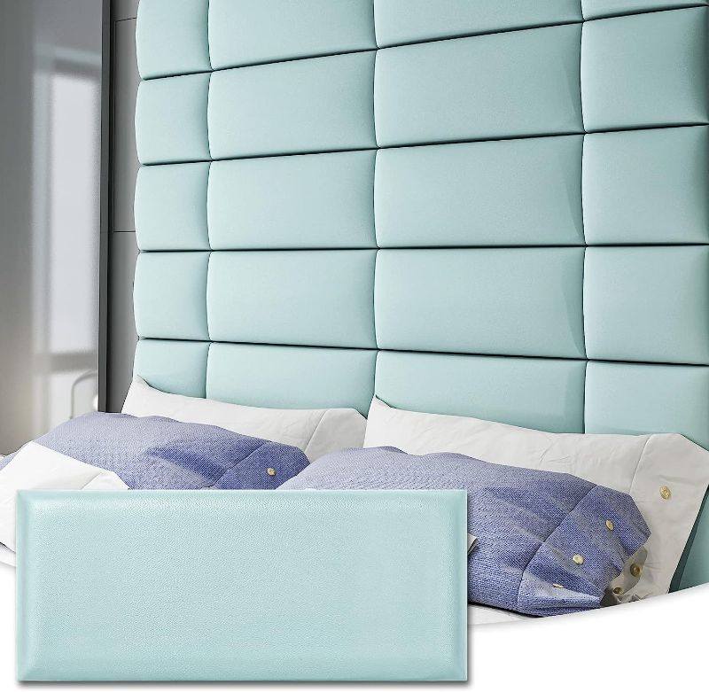 Photo 1 of Art3d Adjustable Wall Mounted Upholstered Headboard for King, Twin, Full and Queen, Reusable and Removable Padded Wall Panels, Interchangeable Bed Panels in Delicate Blue (6 Panels, 9.84" x 23.6")
