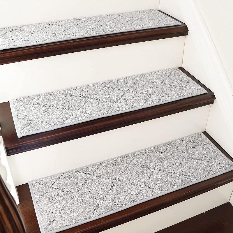 Photo 2 of  Edging Stair Treads Non-Slip Carpet Mat 28inX9in Indoor Stair Runners for Wooden Steps, Edging Stair Rugs for Kids and Dogs, 100% Polyester TPE Backing 15 PIECES ,Grey
