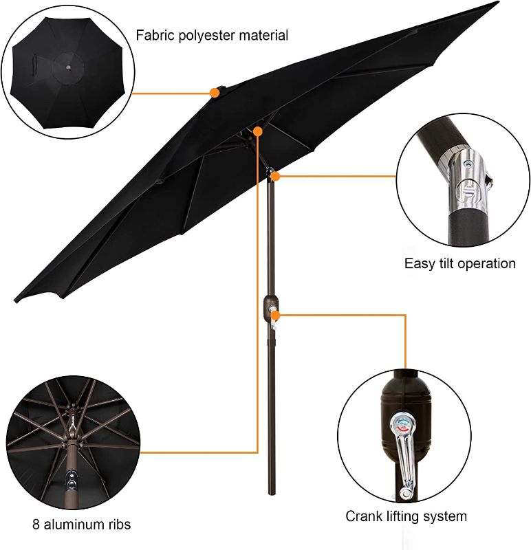 Photo 1 of  9' Outdoor Patio Umbrella, Market Striped Umbrella with Push Button Tilt and Crank, Black
