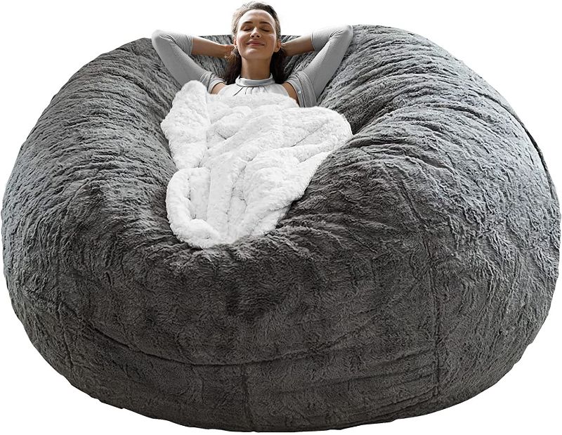 Photo 1 of  Bean Bag Chair Cover(it was only a Cover, not a Full Bean Bag), Big Round Soft Fluffy PV Velvet Sofa Bed Cover, Living Room Furniture, Lazy Sofa Bed Cover,5ft dark grey(Cover only,No Filler).
