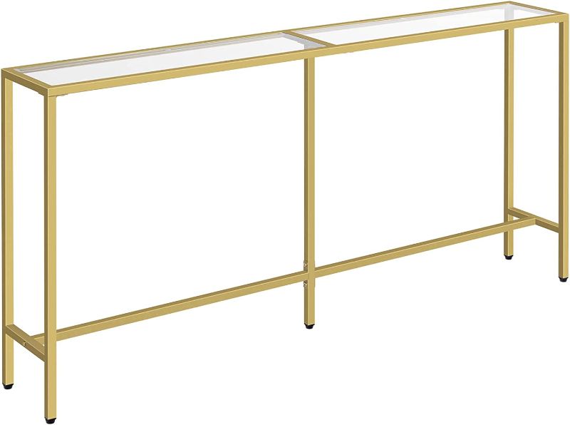 Photo 1 of ALLOSWELL 63”L Gold Console Table, Tempered Glass Sofa Table, Modern Entryway Table, Easy to Assemble, Steel Frame, for Living Room, Hallway CTJ16B01
