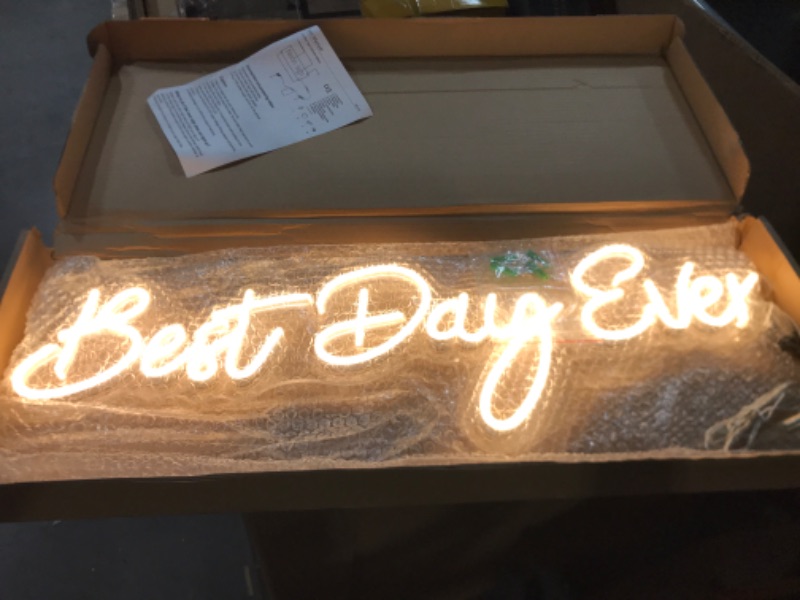 Photo 2 of **TESTED** SYLHOME LED Neon Light Signs 12V Best Day Ever 26"X7.9" Wedding Ceremony Party Birthday Art Wall Backdrop Sign Decor, for Bedroom Home Bar Pub Neon, Gift Night Light Dimmer Warm White