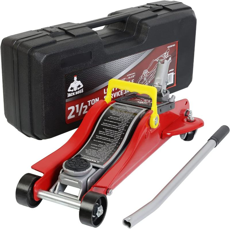 Photo 1 of JackBoss Torin Hydraulic Low Profile Floor Jack 2.5 Ton (5,000 lb) Capacity Trolley Jack with Quick Lift Pump and Portable Storage Case, Red, T825010
