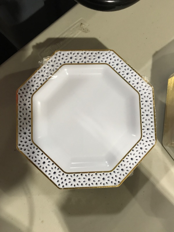 Photo 3 of BBG 60 PCS Chistmas Gold Plastic Plates, Disposable White Plates with Gold Rim,Fancy Gold Party Plates Include 30Dinner Plates 10.25inch,30Salad Plates 7.5inch,Gold Disposable Plates for Christmas