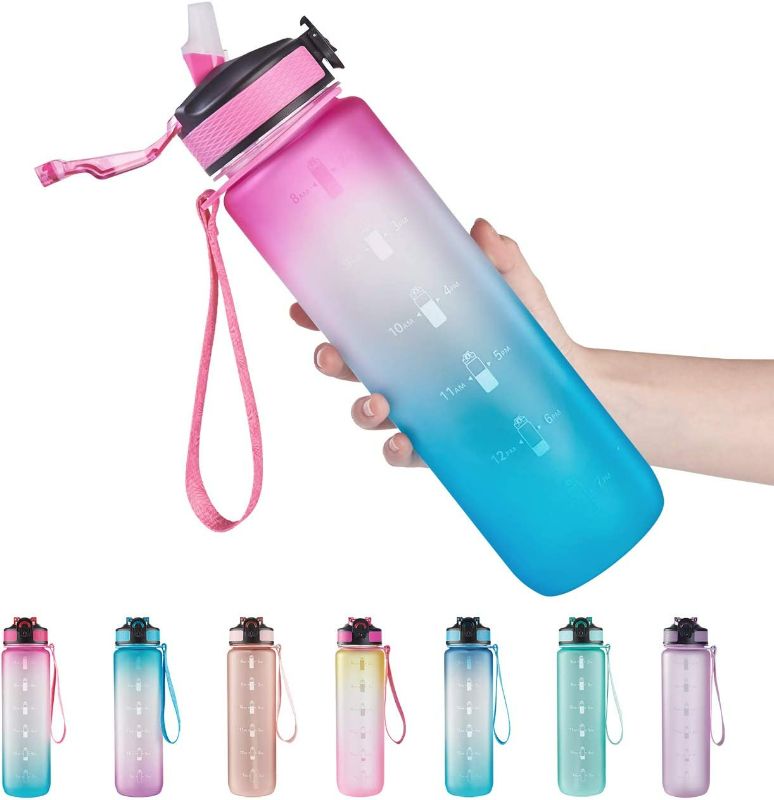 Photo 1 of PASER Motivational Water Bottle 32 oz with Straw & Time Marker, BPA Free & Leakproof Tritan Portable Reusable Fitness Sports Water Jug for Men Women & Kids pack of 3