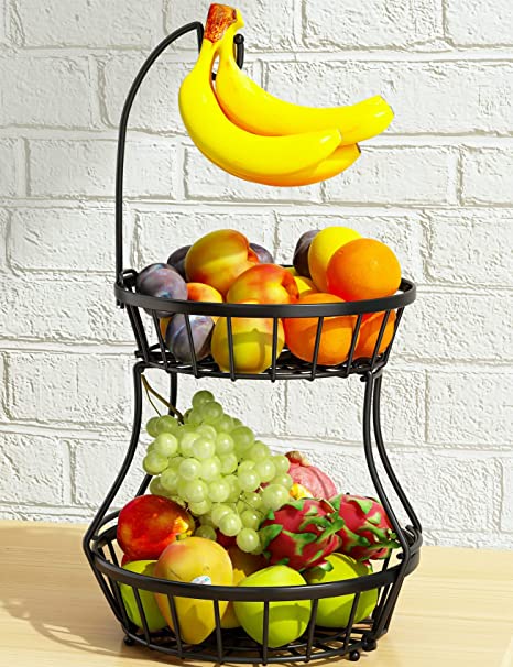 Photo 1 of 2-Tier Fruit Basket Bowl Stackable Vegetable Storage with Banana Tree Hanger Stand for Kitchen Countertop, Metal Wire Basket for Bread Onions Potatoes Black