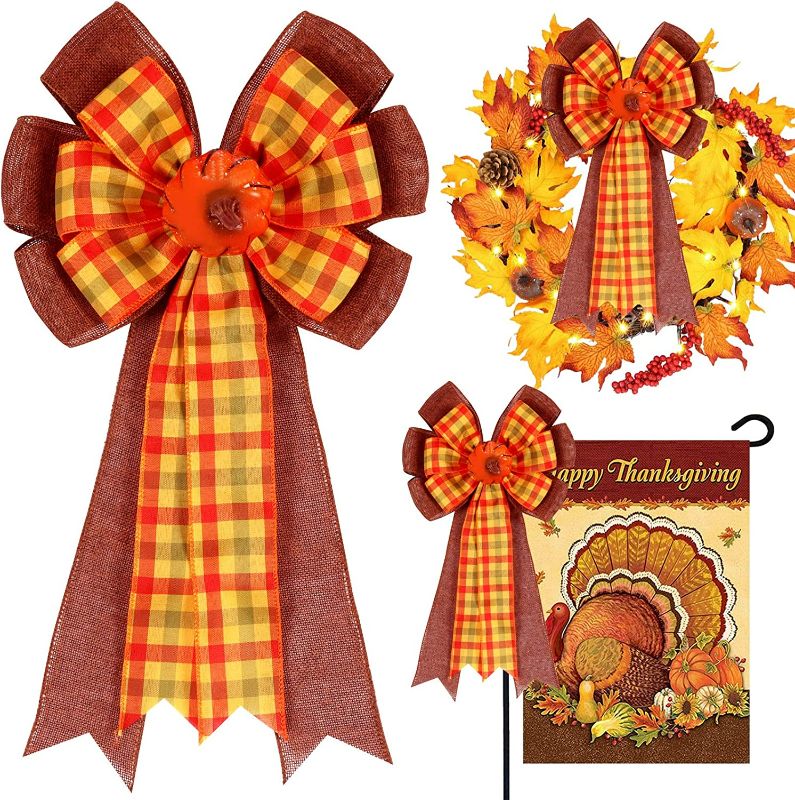 Photo 2 of Fall Thanksgiving Bows for Wreaths Decorations,Fall Pumpkin Tree Topper Bow with Pumpkin Orange Buffalo Plaid Burlap for Halloween Thanksgiving Christmas Fall Home Front Door Outdoor