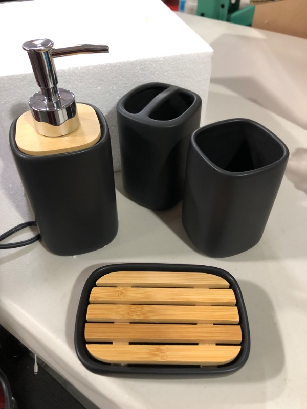 Photo 2 of Wodlo - 4-Piece Ceramic with Bamboo Bathroom Accessories Set - Complete Bath Accessory Sets Includes Soap Dispenser, Toothbrush Holder, Tumbler, Soap Dish, (Black)