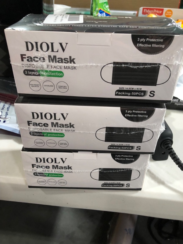 Photo 2 of **3boxes** DIOLV Disposable Kids Face Mask 3 Layer Boys Breathable Facemask Girls Facial Masks for Indoor Outdoor School 50Pcs/Pack, Earloop Black 3 Ly Black / 50 Pcs