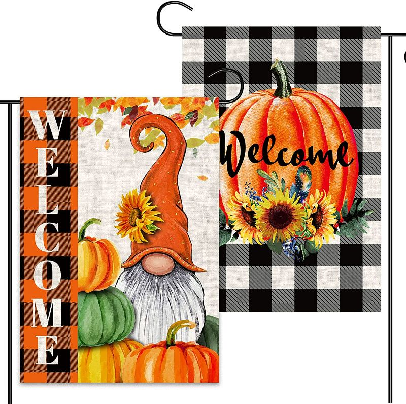 Photo 1 of 2 Pcs Thanksgiving Fall Garden Flags 12x18 Double Sided, Burlap Buffalo Plaid Gnome And Sunflower Pumpkin Garden Flags, Rustic Harvest Farmhouse Outdoor..