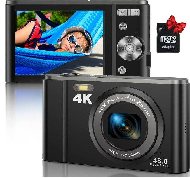 Photo 1 of Digital Camera, 4K 48MP Vlogging Camera Compact Pocket Camera with 16X Zoom 32GB SD Card