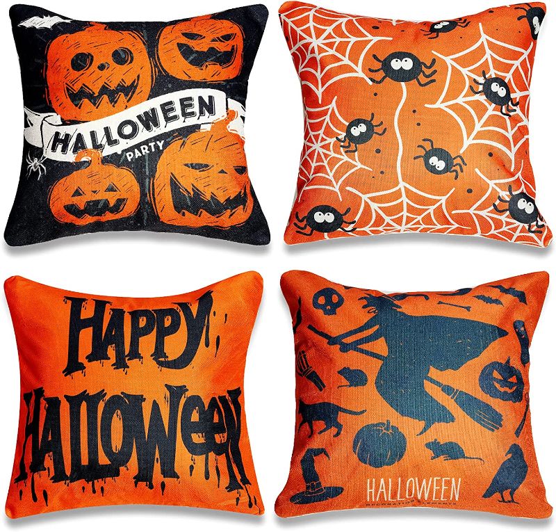 Photo 1 of choyaxo 4 Pack 18"x18" Halloween Pillow Covers Orange and Black Pillow Cover for Sofa Couch Happy Halloween Pumpkin Pattern (No Pillow Insert)