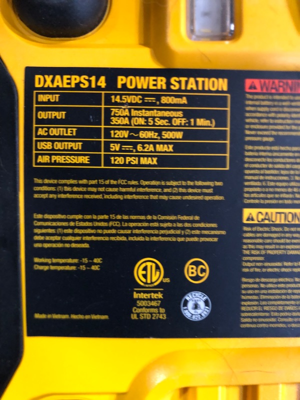 Photo 2 of DEWALT DXAEPS14 1600 Peak Battery Amp 12V Automotive Jump Starter/ Yellow