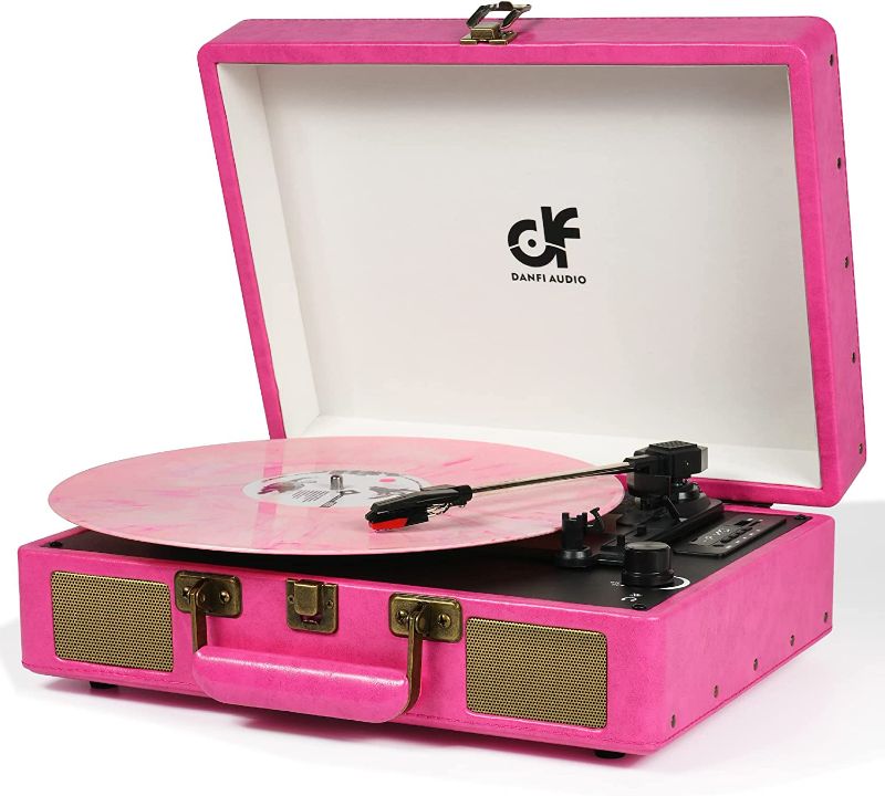 Photo 1 of Vintage Bluetooth Suitcase Record Player with Built-in Speakers, 3 Speed Portable Turntable with USB Vinyl Audio Recorder RCA AUX-in & Headphone Jack (Pink, 2023 New Version)