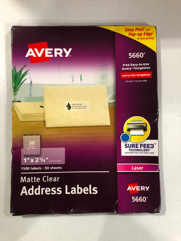 Photo 2 of Avery Matte Clear Address Labels, Sure Feed Technology, Laser, 1" x 2-5/8", 1,500 Labels