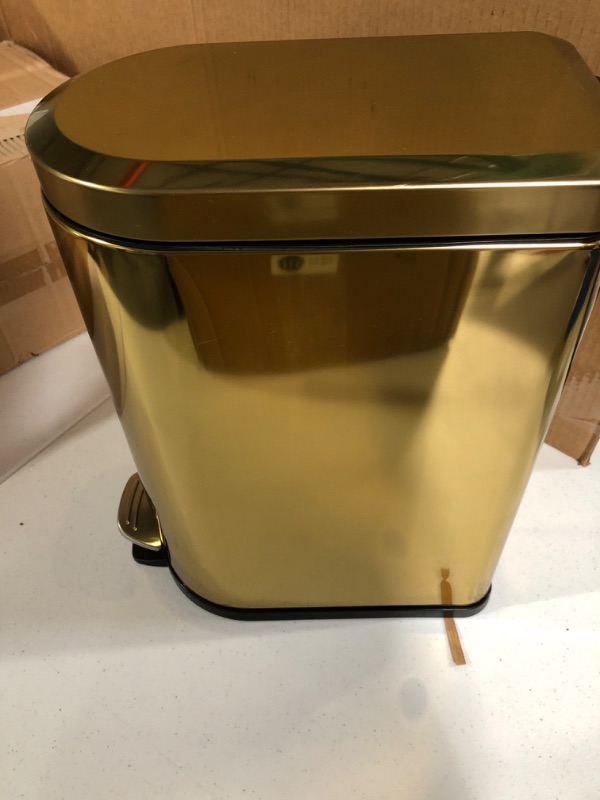 Photo 2 of mDesign Small 2.6 Gallon Stainless Steel Metal Step Trash Can Garbage Bin for Bathroom, Bedroom, Home Office - D-Shape Trashcan with Foot Pedal/Lid, Removable Liner Bucket with Handles, Soft Brass Soft Brass 10 Liter