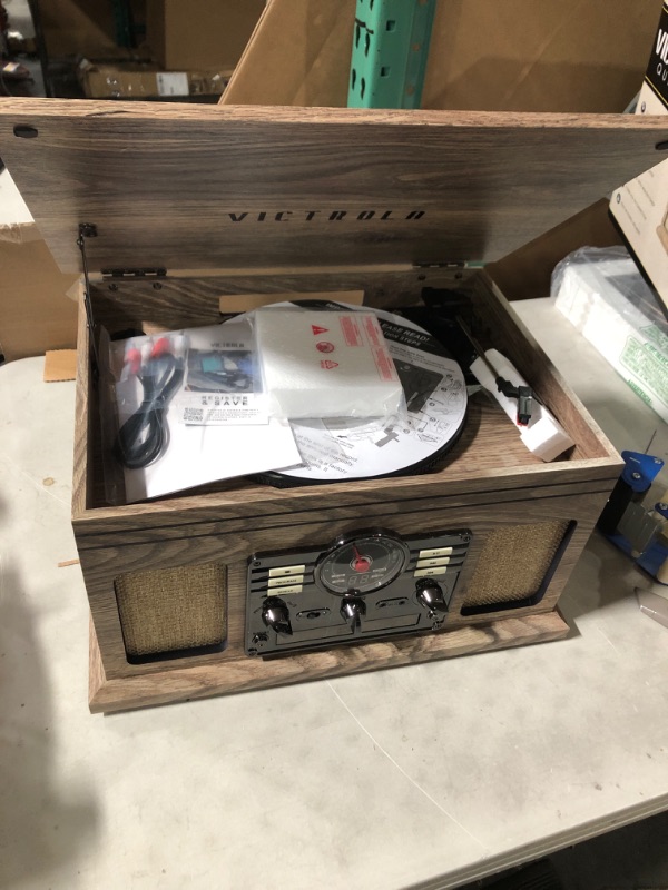 Photo 2 of Victrola Nostalgic 6-in-1 Bluetooth Record Player & Multimedia Center with Built-in Speakers - 3-Speed Turntable, CD & Cassette Player, AM/FM Radio | Wireless Music Streaming | Farmhouse Oatmeal Farmhouse Oatmeal Entertainment Center