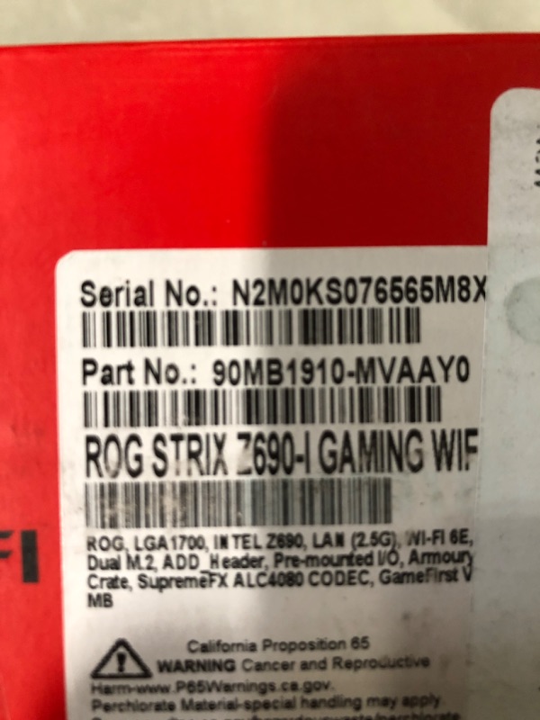 Photo 4 of PARTS ONLY****
ASUS ROG Strix Z690-E Gaming WiFi 6E LGA 1700(Intel 12th Gen)ATX gaming motherboard(PCIe 5.0,DDR5,2.5 Gb LAN,Thunderbolt 4,5xM.2,1xPCIe 5.0 M.2,ROG Hyper M.2 Card,Front panel USB 3.2 Gen 2x2 Type-C)