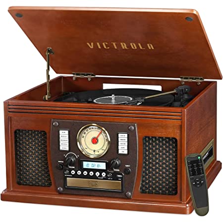 Photo 3 of Victrola Navigator 8-in-1 Classic Bluetooth Record Player with USB Encoding and 3-Speed Turntable Bundle with Victrola Wooden Stand for Wooden Music Centers with Record Holder Shelf, Mahogany