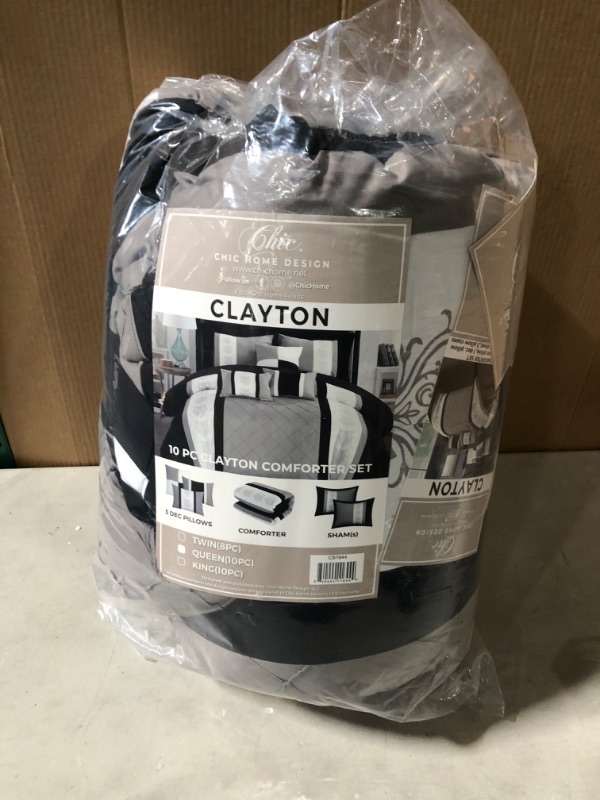 Photo 2 of Chic Home CS1644-AN Clayton 10 Comforter Pin Tuck Pieced Block Embroidery Bed in A Bag with Sheet Set Black, Queen, Grey Queen Gray