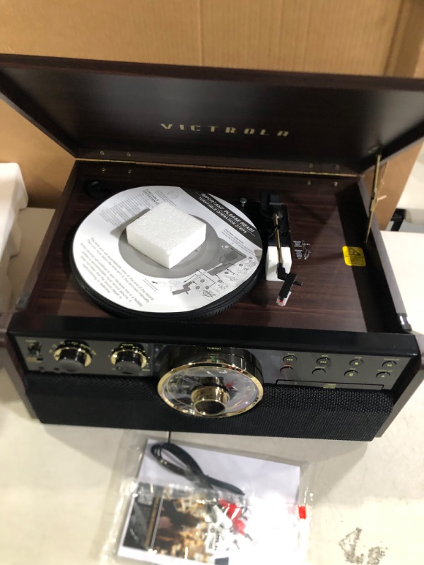 Photo 4 of Victrola Empire Mid-Century 6-in-1 Turntable with 3 Speed Record Player, Bluetooth Connectivity, Radio, Cassette and CD Player (Espresso) Espresso Record Player