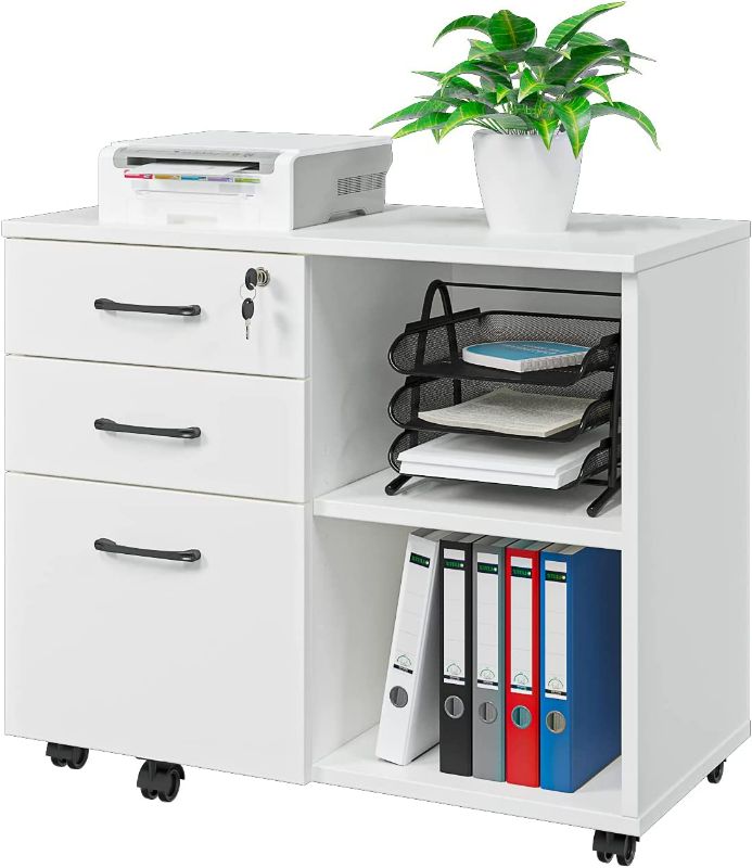 Photo 1 of Panana Wood File Cabinet on Wheels, Printer Stand with Open Storage Shelves for Home Office black