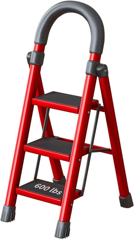 Photo 1 of 3 Step Ladder, Step Ladder 3 Step Folding-3 Step Ladder Folding Handgrip-600lbs Sturdy Steel Ladder-Reinforcement and Thickening