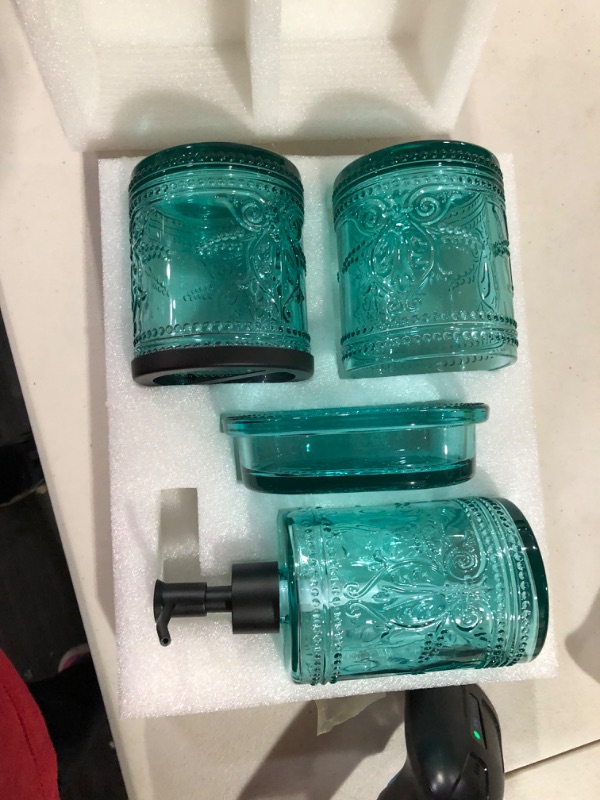 Photo 2 of 4PCs Heavy Weight Decent Blue Glass Bathroom Accessories Set with Decorative Pressed Pattern - Includes Hand Soap Dispenser & Tumbler & Soap Dish & Toothbrush Holder (Teal Blue)