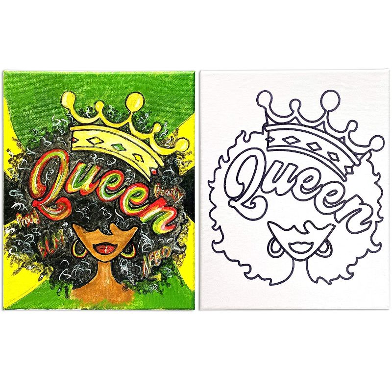 Photo 1 of Canvas Painting | Pre Drawn Stretched Cotton Canvas | Afro Queen 2 | Birthday Gift | Adult Sip and DIY Paint Party Favor | Queen 2 | (8x10)