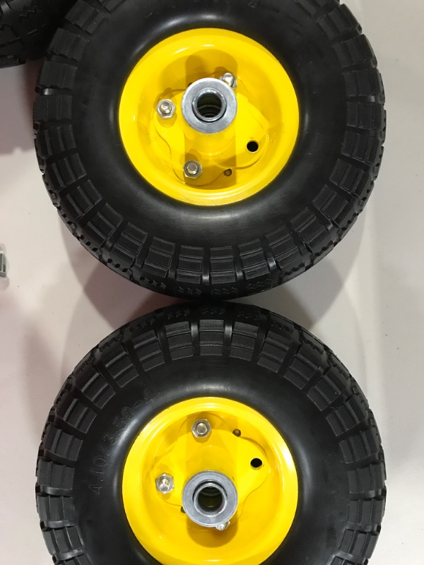 Photo 3 of (3 Pack)10-Inch Solid Rubber Tires and Yellow Wheels-Replacement 4.10/3.50-4”Tires and Wheels with 5/8” Axle Bore Hole, 2.17”Offset Hub, and Double Sealed Bearings-Perfect for Gorilla Carts