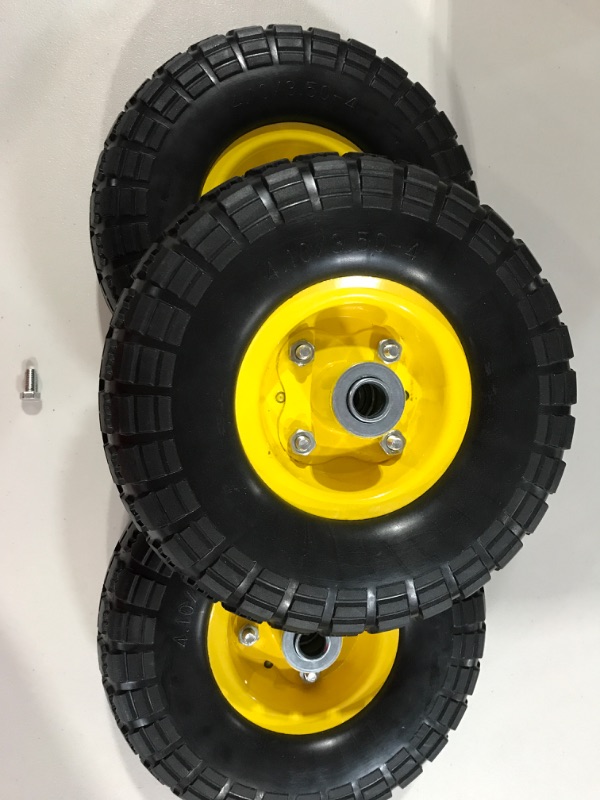 Photo 1 of (3 Pack)10-Inch Solid Rubber Tires and Yellow Wheels-Replacement 4.10/3.50-4”Tires and Wheels with 5/8” Axle Bore Hole, 2.17”Offset Hub, and Double Sealed Bearings-Perfect for Gorilla Carts