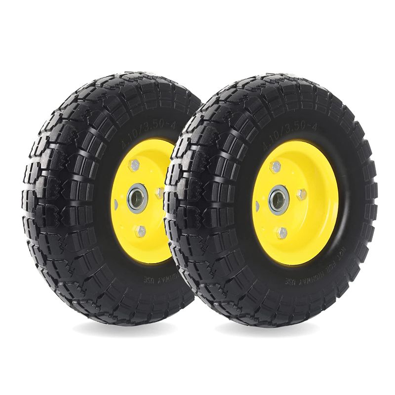 Photo 1 of (3 Pack)10-Inch Solid Rubber Tires and Yellow Wheels-Replacement 4.10/3.50-4”Tires and Wheels with 5/8” Axle Bore Hole, 2.17”Offset Hub, and Double Sealed Bearings-Perfect for Gorilla Carts
