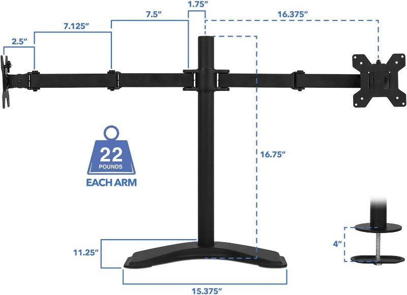 Photo 1 of Mount-It! Dual Monitor Stand | 2 Monitor Mount Fits 19 20 21.5 24 27 29 32 Inch Computer Screens | Free Standing and Grommet Bases | Two Heavy Duty Tilt Swivel Height Adjustable Arms | VESA Compatible