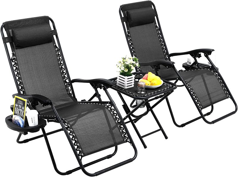 Photo 1 of 2 Amazon Basics Outdoor Textilene Adjustable Zero Gravity Folding Reclining Lounge Chairs with Pillow, and table with cupholders - Black