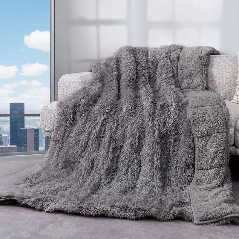 Photo 1 of Faux Fur Weighted Blanket 15lbs, Cottonblue Soft Fuzzy Luxurious Fluffy Heavy Blanket, Plush Sherpa Dual Side Cozy Warm Throw Blanket for Bed Couch Sleeping, Grey, 48x72 inches