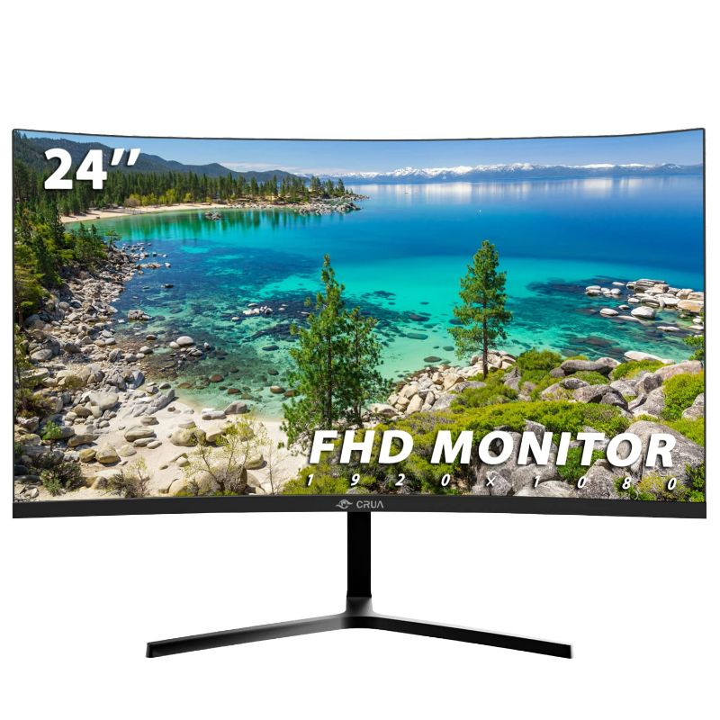 Photo 1 of CRUA 24" Curved Monitor, FHD(1920×1080p) 2800R 75HZ, 95% sRGB Color Gamut Computer Monitors, 3-Sided Narrow Bezel and Filter Blue Light Function, Desktop PC Monitor(HDMI, VGA)- Machine Black 24 ” Curved FHD 75HZ+