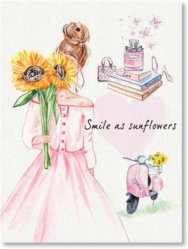 Photo 1 of Pink Wall Art for Girl’s Room Watercolor Fashion Girl Canvas Prints Smile As Sunflowers Inspirational Pictures for Bedroom Bathroom Decor Ready to Hang 12x16 Inch