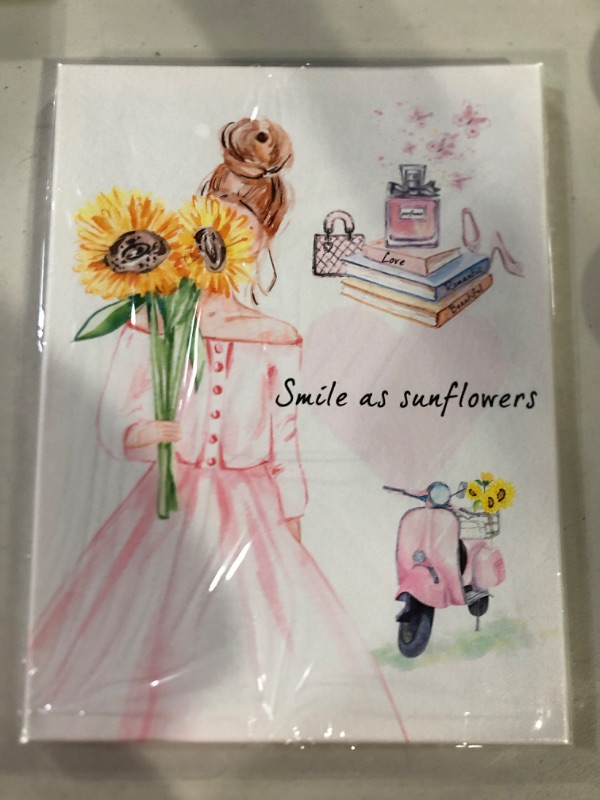 Photo 2 of Pink Wall Art for Girl’s Room Watercolor Fashion Girl Canvas Prints Smile As Sunflowers Inspirational Pictures for Bedroom Bathroom Decor Ready to Hang 12x16 Inch