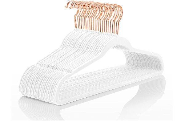 Photo 1 of Premium Velvet Hangers (50 Pack) Heavy Duty,Non Slip Velvet Suit Hangers White,Rose Gold Hooks,Space Saving Clothes Hangers,Sturdy Durable Huggable Hangers for Suits and Coats