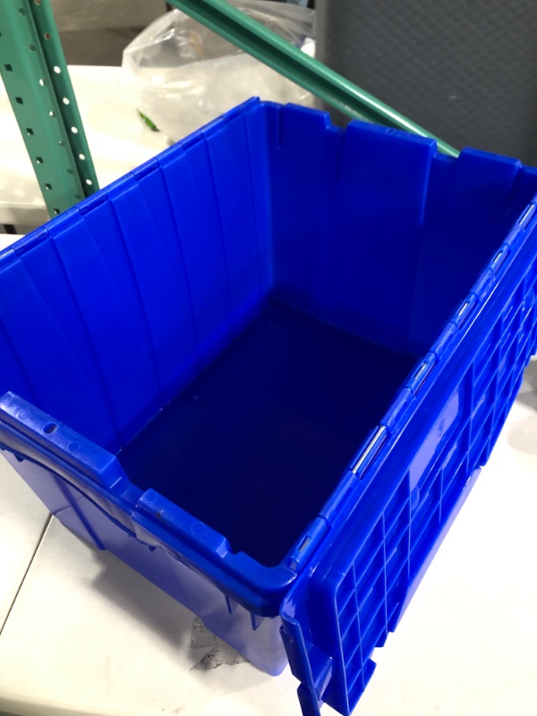 Photo 3 of Akro-Mils 39120 Industrial Plastic Storage Tote with Hinged Attached Lid, (21-Inch L by 15-Inch W by 12-Inch H), Blue, (6-Pack)