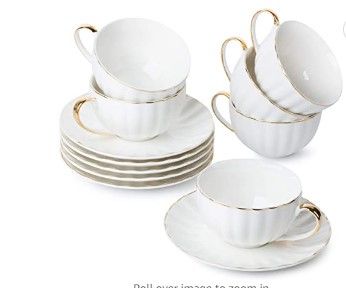 Photo 1 of BTaT- Tea Cups and Saucers, Set of 6 (7 oz) with Gold Trim and Gift Box, Cappuccino Cups, Coffee Cups, White Tea Cup Set, British Coffee Cups, Porcelain Tea Set, Latte Cups, Christmas Gift