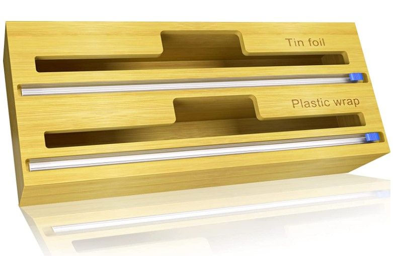 Photo 1 of ATIDIE 2 in 1 Bamboo Foil and Plastic Wrap Dispenser with Slide Cutter, Aluminum Foil/Wax Paper Dispenser for Kitchen Drawer and Storage, Compatible with 12" Roll 